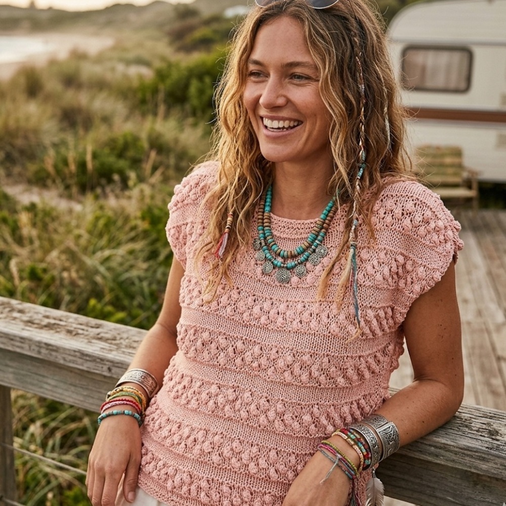 Handmade We Are Knitters Pink Bobble Stitch Cotton Tee/Swim Coverup - S